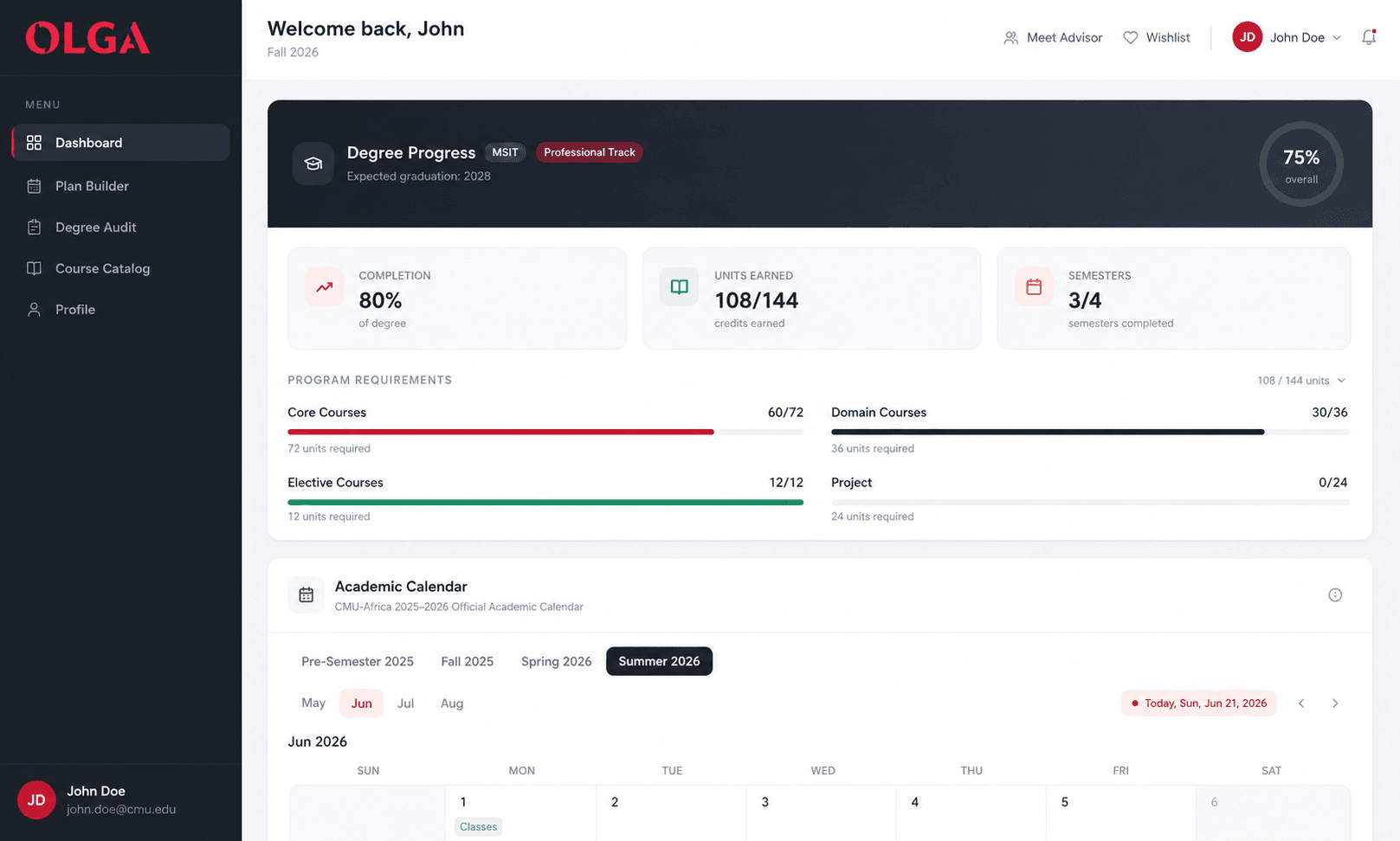 OLGA Dashboard — degree progress, course planning, and more